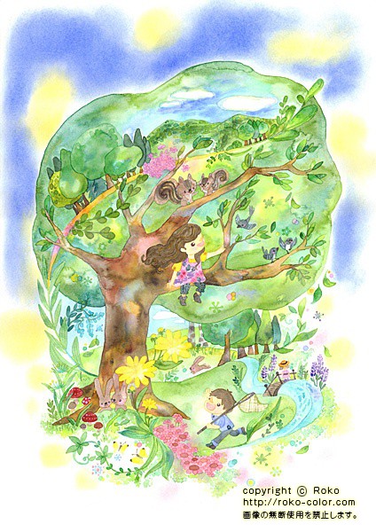 森の風 ウサギのポスターのリスの女の子の小鳥の森の男の子の絵本のイラスト