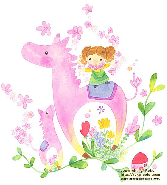 春を祝う親子馬 女の子の干支の年賀の花の親子のイラスト