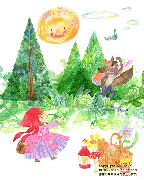 赤ずきん オオカミのピクニックの女の子 赤ずきんの森の童話の絵本のイラスト