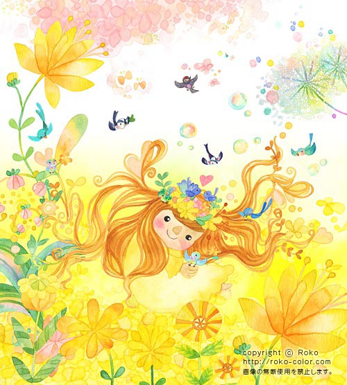 小鳥姫 女の子の小鳥の花の花畑のイラスト