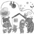 クマの親子（モノクロイラスト）