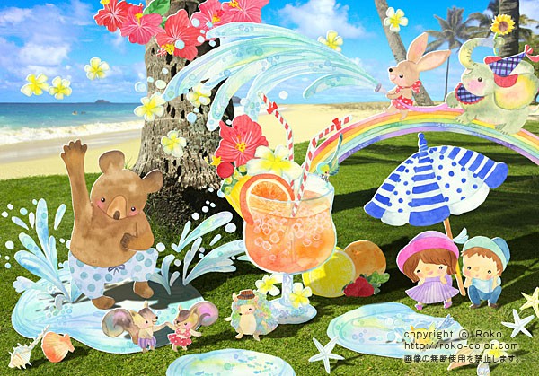 トロピカルな夏 紙にんぎょう うさぎのぞうのカレンダーのクマのハイビスカスのハリネズミのリスの写真の夏の女の子の海の男の子の虹のイラスト
