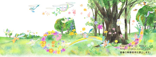 とりのこえ 小鳥の挿絵の木の森の花のイラスト