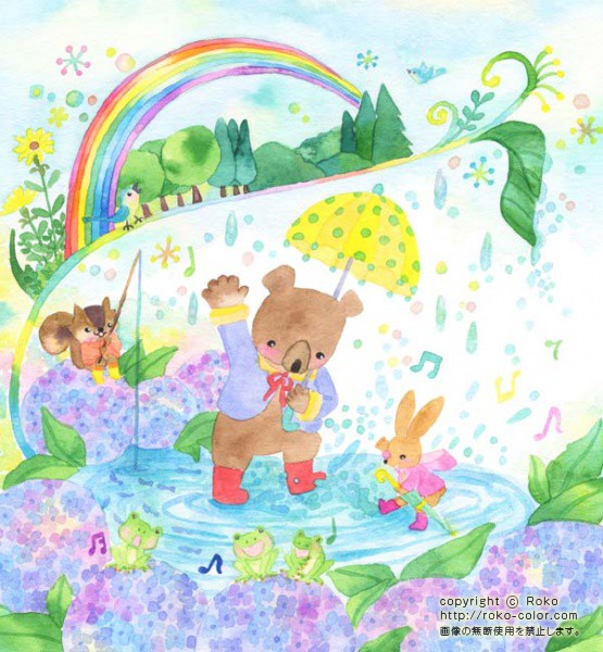 雨 きらら あじさいのうさぎのカエルのクマのリスの傘の小鳥の木の森の花の虹の雨の雨上がりのイラスト