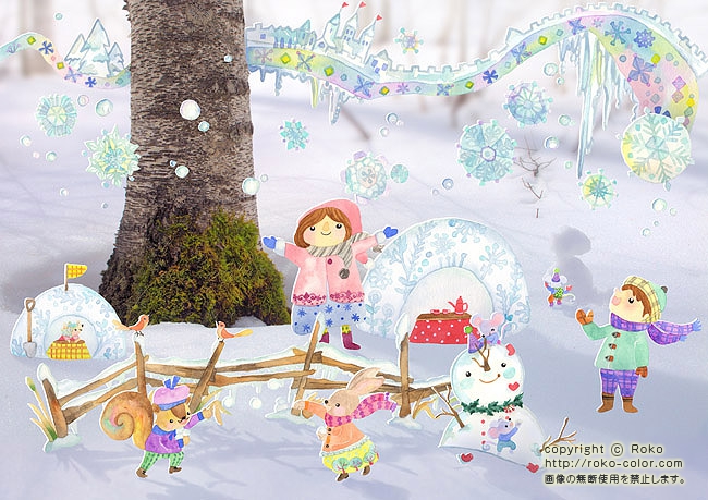 雪を見上げれば 紙にんぎょう うさぎのかまくらのカレンダーのリスの写真の冬の女の子の季節の男の子の雪の雪だるまのイラスト